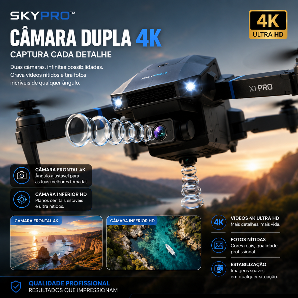 SKYPRO™ X1 PRO | Drone 4K Dobrável com Câmara Dupla e